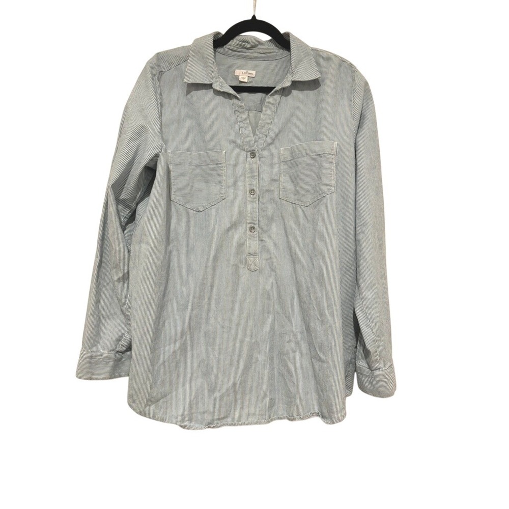 J Jill sz L blue/white pin stripe cotton button down shirt button tab sleeves MM